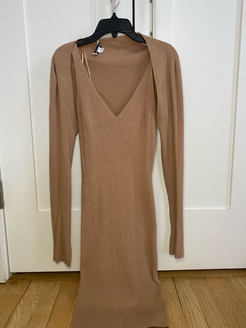 V-Neck Ribbed Maxi Dress with Cropped Cardigan in Camel